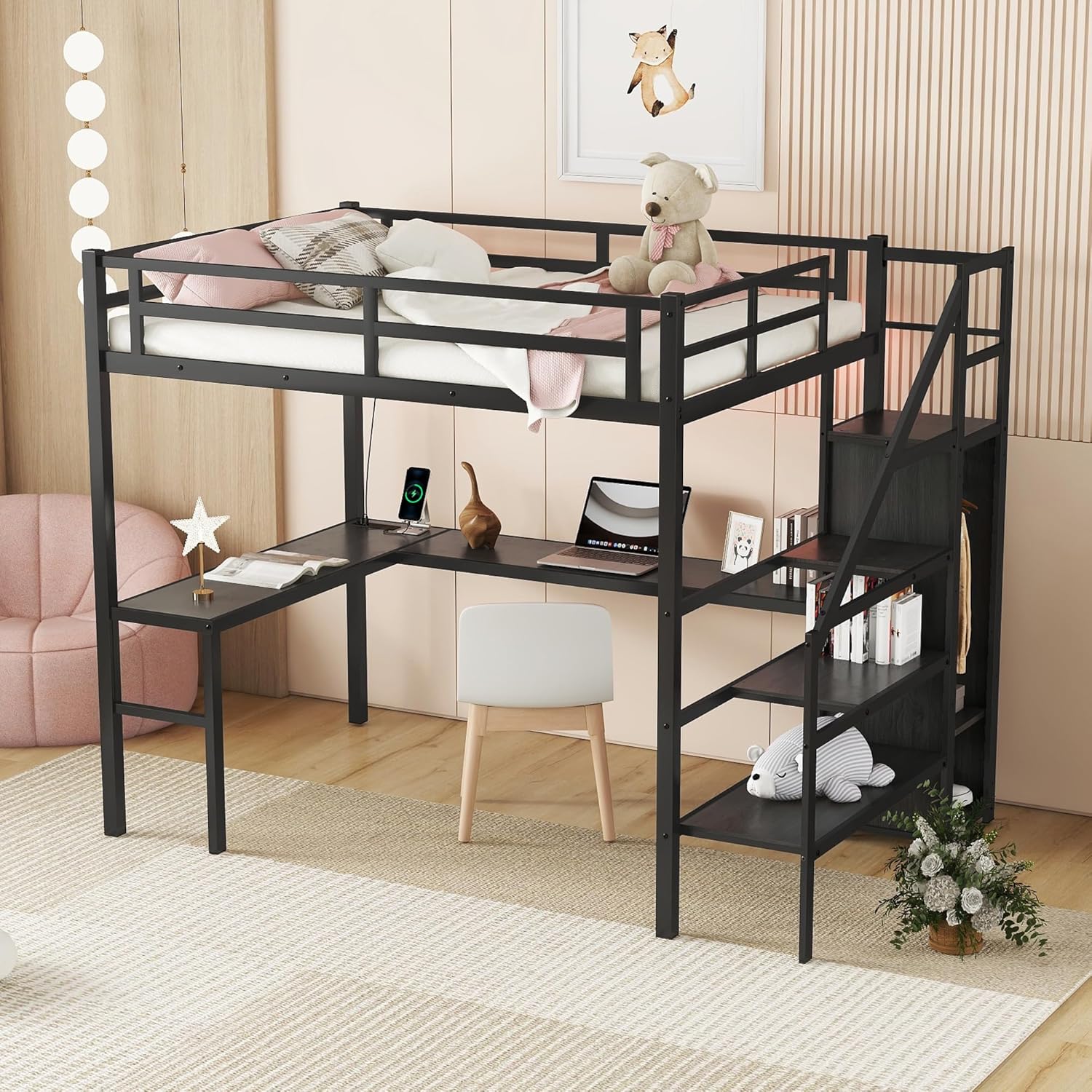 Bellemave Loft Bed Full XL with Desk and Wardrobe, Loft Bed with Storage Stairs, Loft Bed with USB, LED, Loft Bed Full Size Adults, Kids, Teens Metal, Black