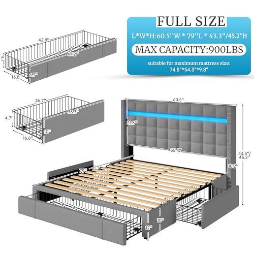 EnHomee Full Bed Frame with Storage,LED Bed Frame with Adjustable Headboard, Upholstered Platform Bed Frame Queen Size with 3 Drawers,Heavy Duty Wood Slats,Sturdy and No Shaking,Easy Assembly,Beige