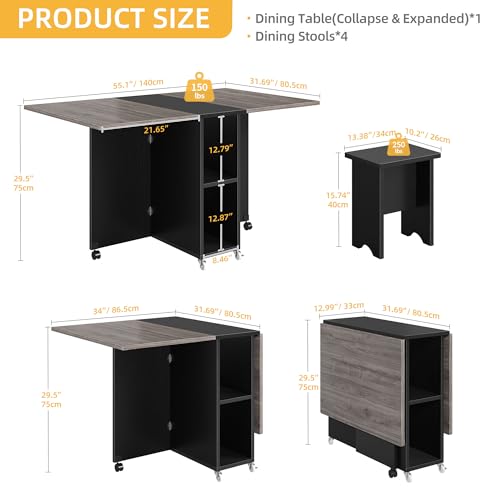 DWVO 5 Pieces Folding Extendable Dining Table Set with 4 Chairs for 4 Peoples, 55'' Drop Leaf Wood Kitchen Dining Room Table Set with Storage and 6 Wheels for Small Space Saving, Grey Oak