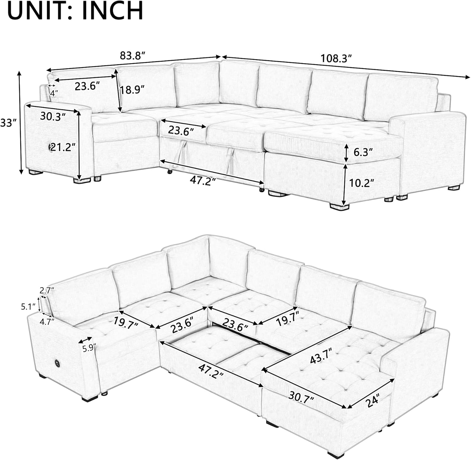 Harper & Bright Designs Sectional Sleeper Sofa with Pull-Out Bed and Lounge Chair, L Shape Sofa Set with USB and Type-C Interfaces, Suitable for Living Room, Office, and Spacious Spaces（Beige）