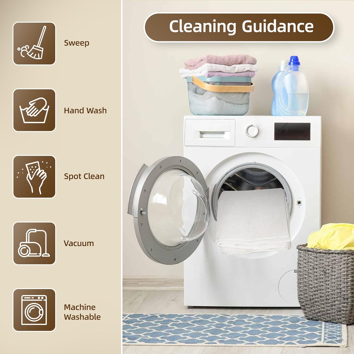 Area Rugs 8x10 Living Room Washable Rug Non Slip and Stain Resistant, Modern Chenille Weaving White Rugs for Bedroom, Dining Room, Home Office, Kids Room, White Cream