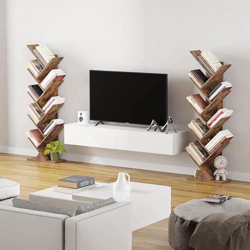 Function Home 9 Tier Tree Bookshelf, Modern Tall Geometric Bookcase, Freestanding Book Shelf, Wood Floor Storage Shelf for Living Room, Bedroom, Home Office,Rustic Brown