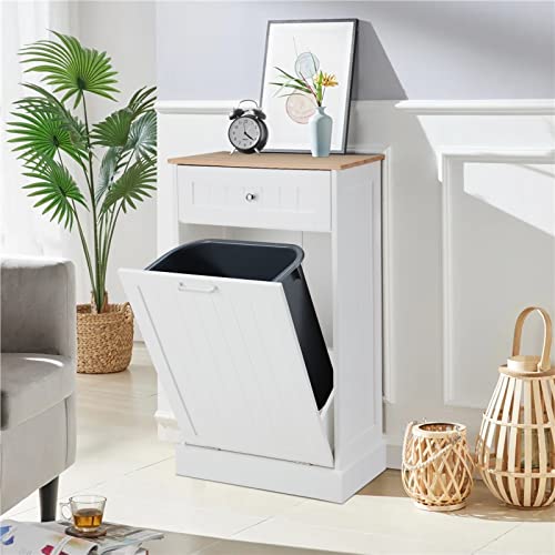 Tilt Out Trash Cabinet, Kitchen Freestanding Wood Recycling Trash Cabinet with Drawer & Cutting Board, Recycling Cabinet with Hideaway Drawer, 10 Gallon Tilt Out Trash Cabinet Kitchen(White)
