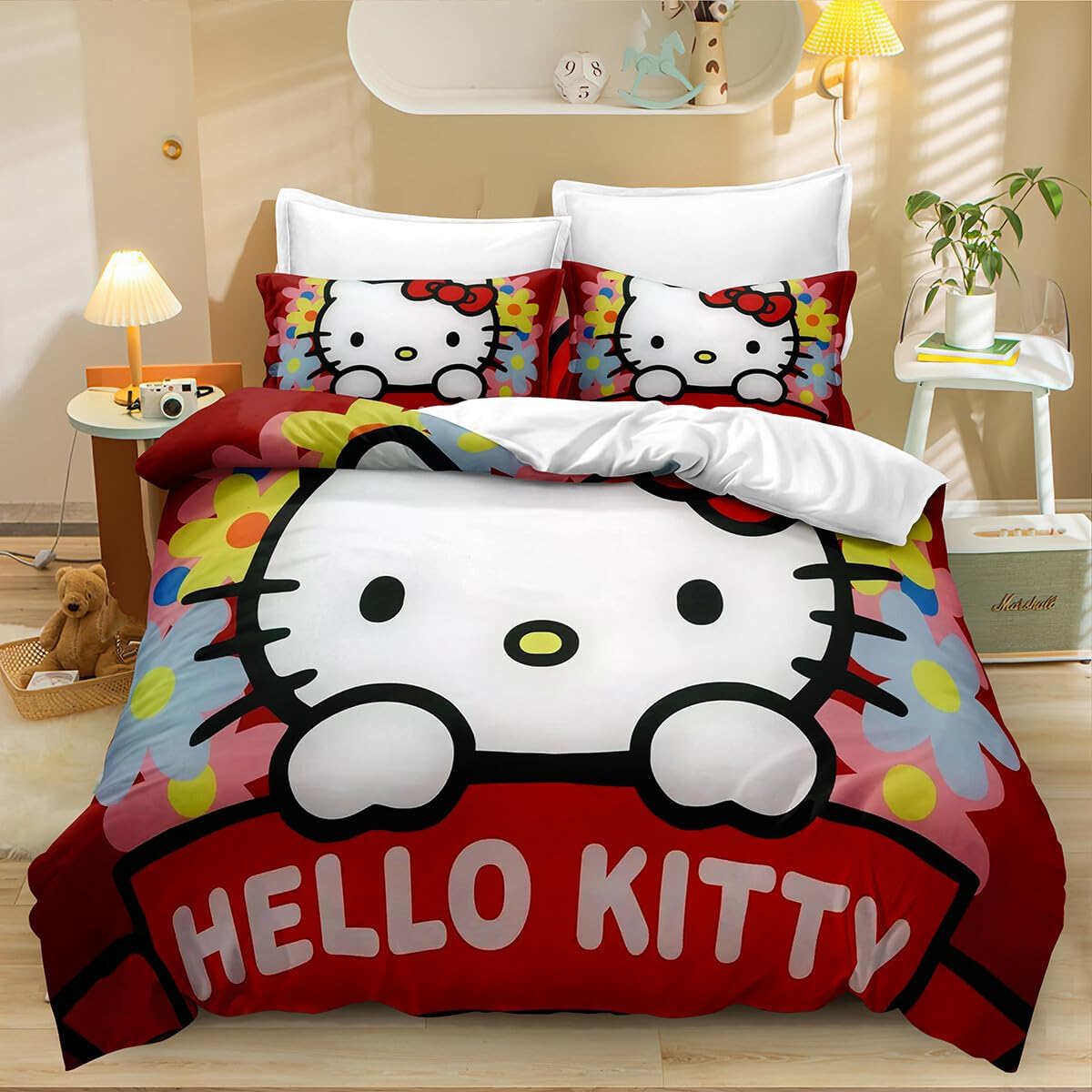 The Girls Hello Cat Printed Bedding Set,3 Piece 3D Kitty Flowers Printed Printed Quilt Cover Set with Zipper Closure,Gifts for for Kids Teenagers Adult,1 Duvet Cover with 2 Pillowcases