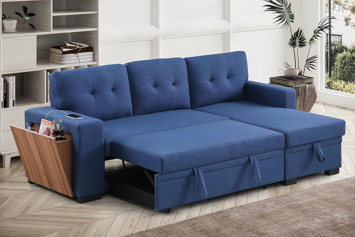 L-Shaped Sectional Sleeper Sofa with Reversible Storage Chaise, Hidden Compartment, Cup Holder, USB Port, and Pull-Out Bed, Upholstered Corner Couch for Living Room, Blue