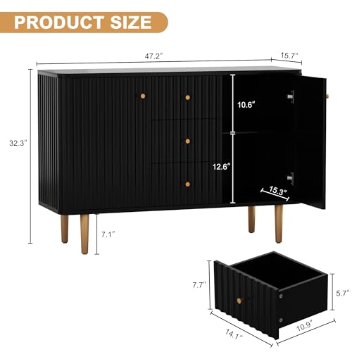 ARTPOWER Black Sideboard Buffet Cabinet with Drawers, 48