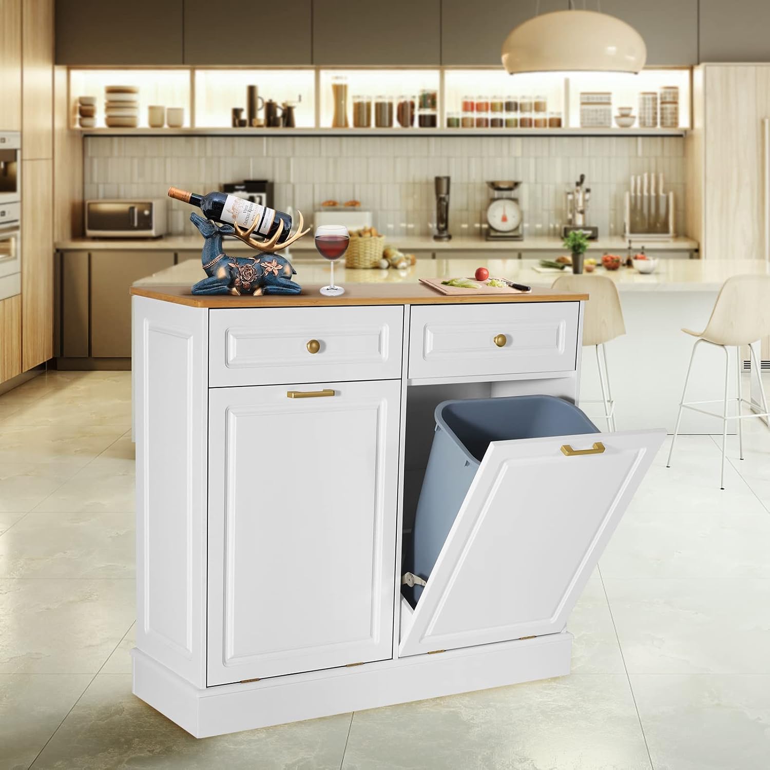 UEV Double Kitchen Trash Cabinets,Two Tilt Out Trash Cabinets with Solid Hideaway Drawers,Free Standing Wooden Kitchen Trash Can Recycling Cabinet Trash Can Holder (White)