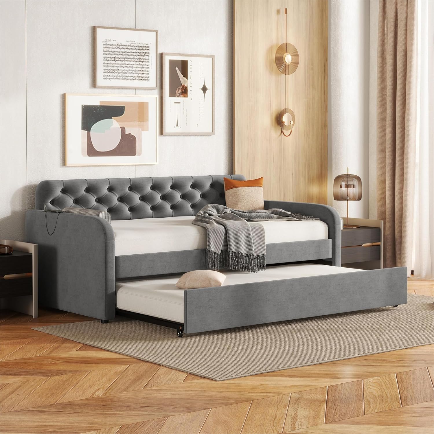 Velvet Twin Daybed with Twin Trundle, Modern Upholstered Twin Size Day Bed Button-Tufted Sofa Daybed Frame with A Roll-Out Trundle and USB Charging, No Box Spring Needed(Dark Gray, Twin with Trundle)