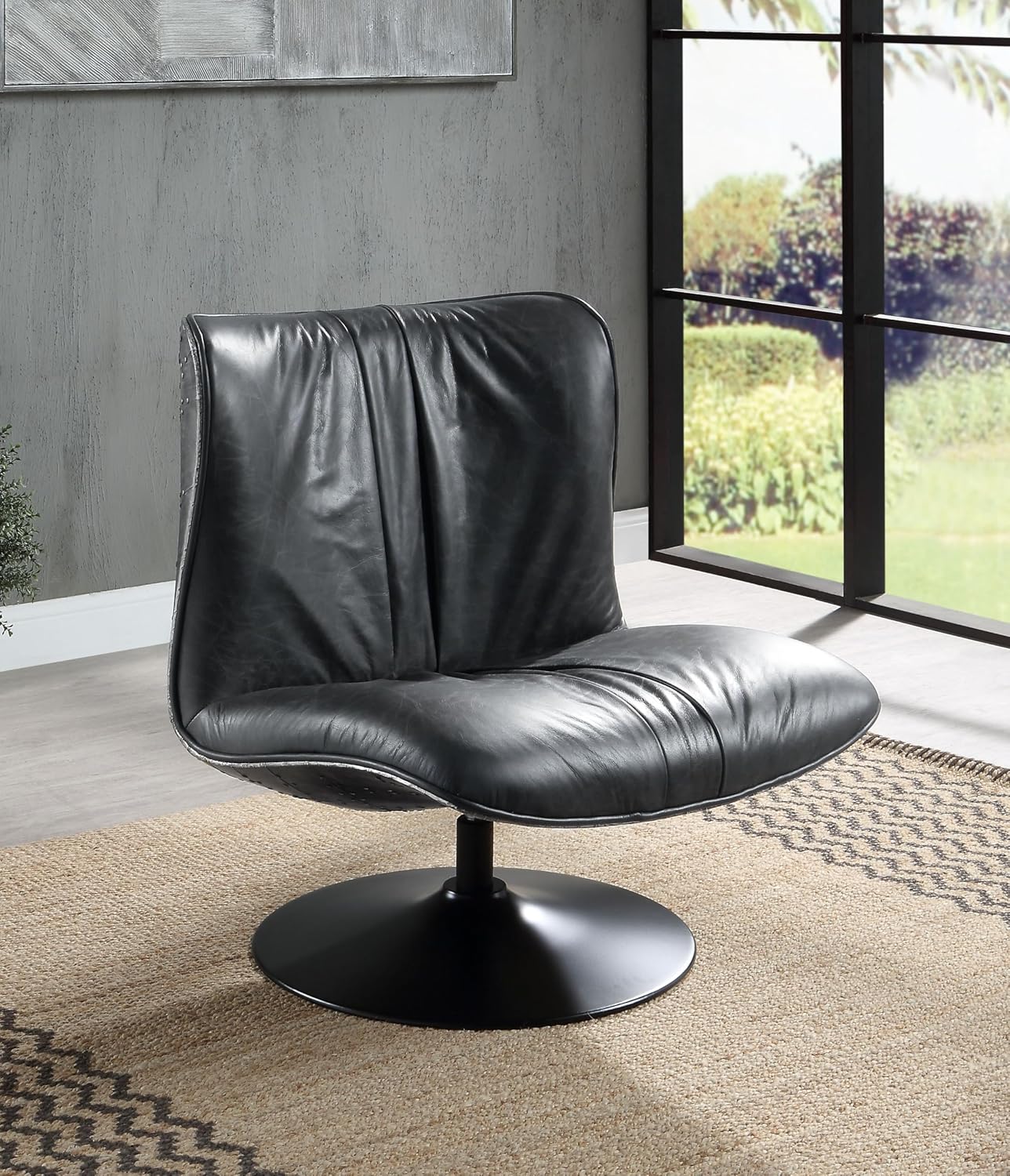 Acme Piotr Aluminum and Top Grain Leather Accent Chair with Swivel in Black