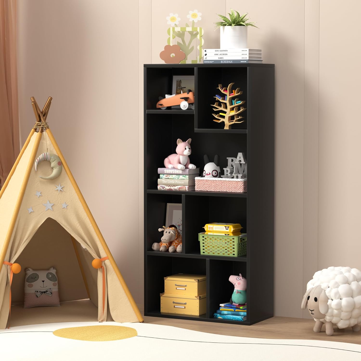 VECELO 4-Tier Kids Bookcase, 7 Cubes Modern Bookshelves, Floor Standing Cabinet Fits Tallest Hardcovers Can Hold up to 66LBS, Horizontal Available, Easy Assembly,Black