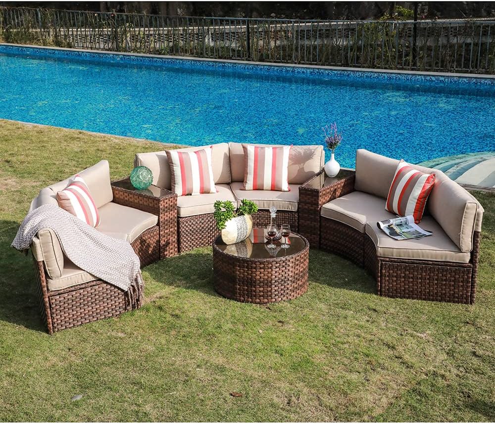 SUNSITT Outdoor Patio 9-Piece Half Moon Curved Furniture Sofa Set Brown Wicker Sectional Sofa Beige Cushions with 2 Side Table and 4 Pillows
