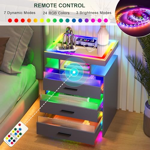 HNEBC RGB LED Nightstand with Wireless Charging Station, Modern Bedside Table with 3 Drawer and Glass Desktop, Smart Night Stand with Sensor Light,Bed Side Table for Bedroom Furniture (White)