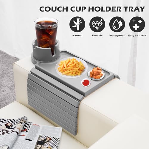 Couch Cup Holder Tray, 3 in 1 Couch Arm Table,Large Bamboo Sofa Arm Rest Table with 360° Cup Holder,Removable Anti-Slip Organizer for Snack Drink Eating Table