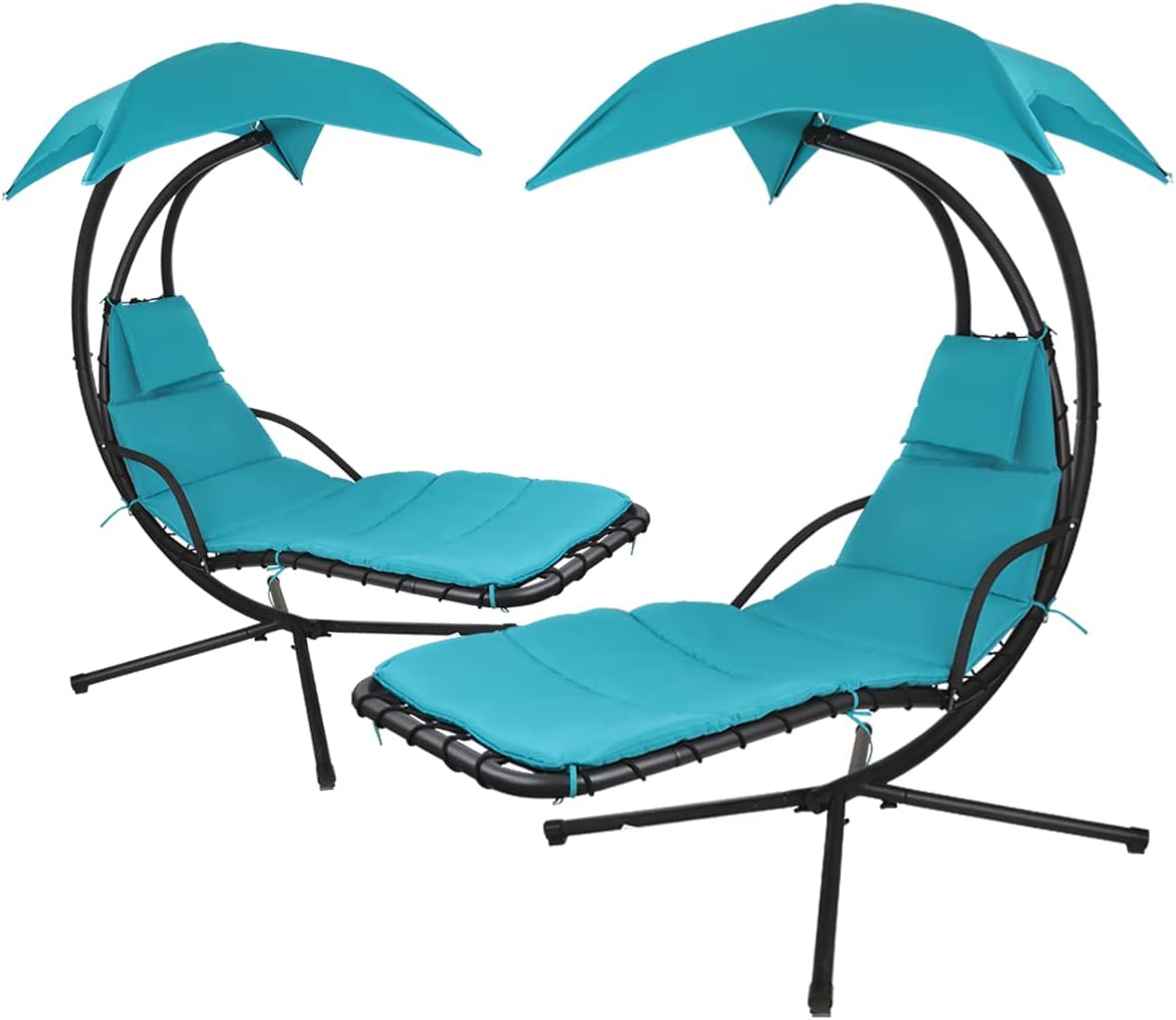 2X Patio Hanging Chaise Outdoor Lounger Padded Cushion Swing Hammock Chair w/Sun Shade Canopy Umbrella Stand [Blue]