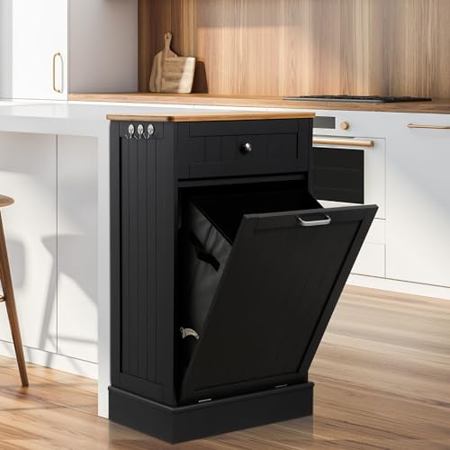 13 Gallons Tilt Out Trash Cabinet Kitchen Waste Bins Free Standing Laundry Hamper Recycling Cabinet Trash Can Holder with Hideaway Drawer Pet Proof Trash Can for Living Room, White