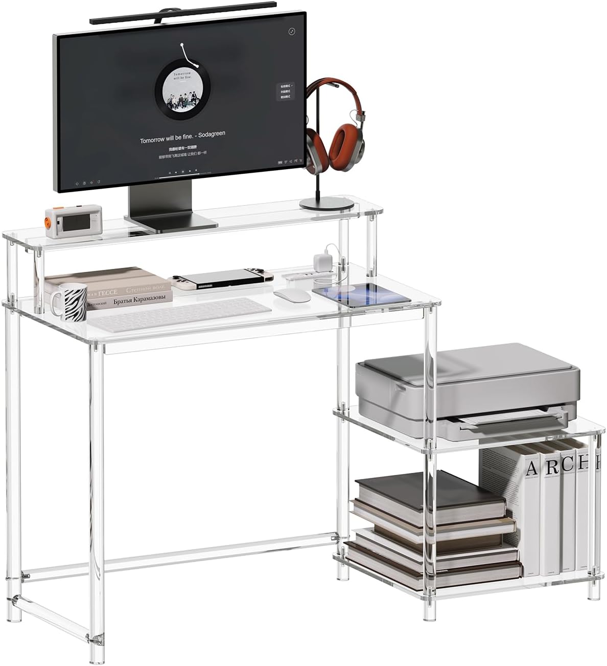 Eglaf Acrylic Desk with Printer Space - Home Office Desk Computer Desk with Power Outlet, Monitor Stand, for Study Working Writing Gaming, 44.5'' L x 18.9'' W x 35.8'' H, Clear