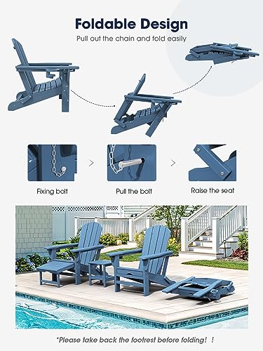 KINGYES Folding Adjustable Adirondack Chair with Retractable Ottoman Set of 4, HDPE All Weather Chair with Cup Holder, Wood-Like Reclining Adirondack Chair- Versatile Adirondack Chair, White