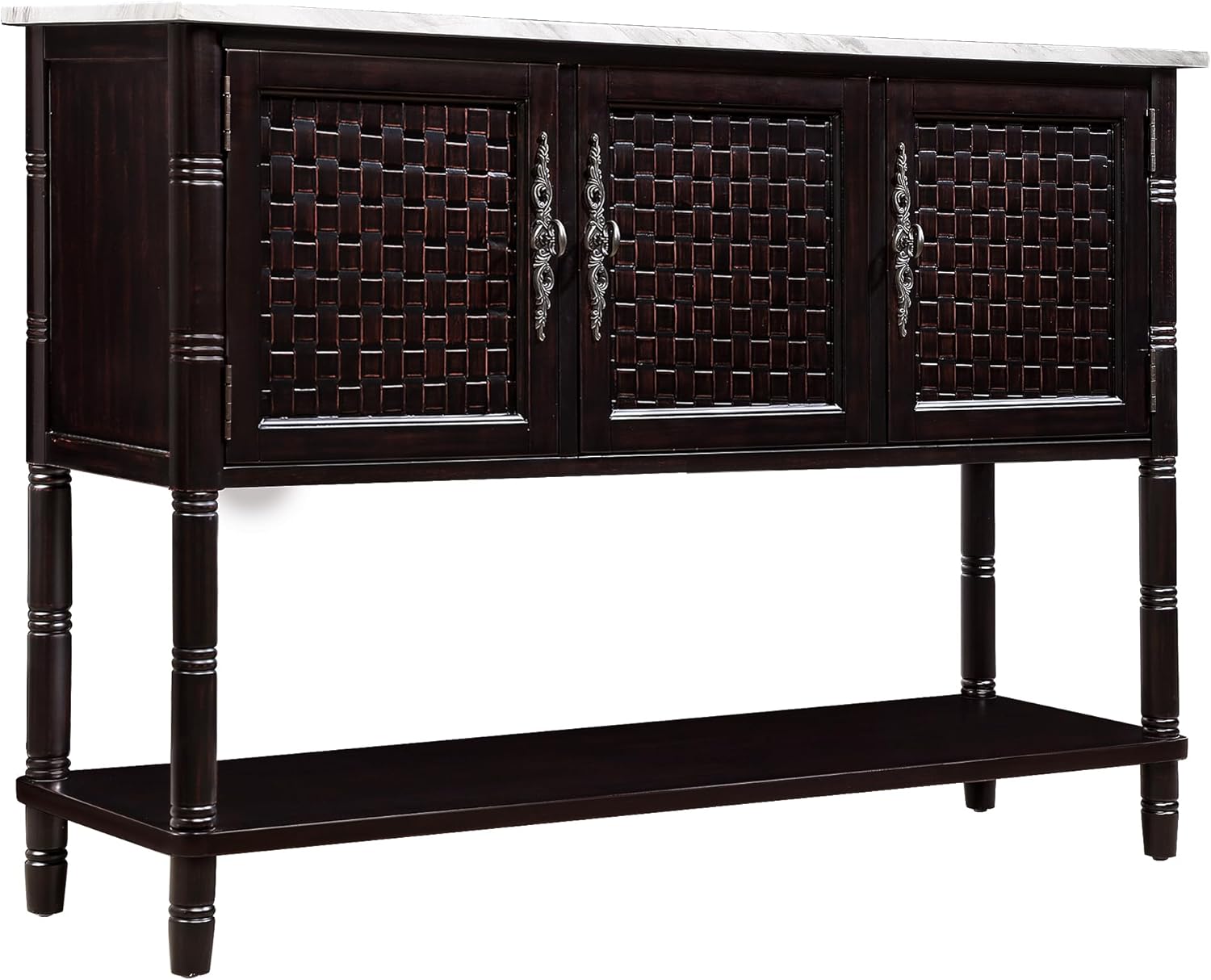 Entryway Table with Faux Marble Tabletop,47inch Farmhouse Console Table with 3 Cabinets Storage,Rustic Sofa Table with Open Shelf for EntryWay,Hallway,Living Room,(Espresso+White Marble)