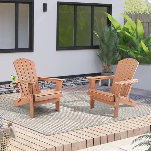 FUNBERRY Adirondack Chair,Plastic Adirondack Chairs,Wood Texture Fire Pit Chairs,Folding Adirondack Chairs,Composite Adirondack Chairs,Resin Adirondack Chairs with Cup Holder (Teak)