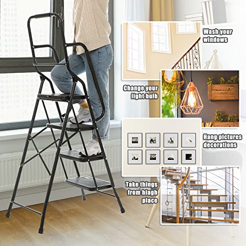 Usinso 3 Step Ladder Tool ladder Folding Portable Steel frame MAX 500 lbs Non-slip side armrests Large area pedals Detachable ToolBag Suitable for home Office Engineering（Black）