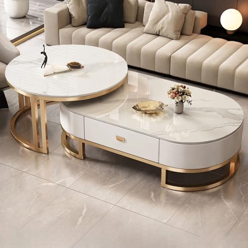 Oval Stone Nesting Coffee Table Set of 2 for Living Room,Modern Steel Frame Nested Coffee Table,with Sturdy Metal Frame and Marble Pattern Wooden,Cocktail Table with Drawer Stacking Coffee Tables