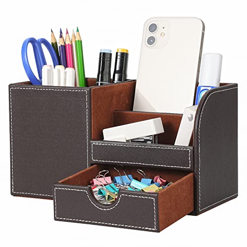 KINGFOM Desk Organizer Office Supplies Caddy Pu Leather Multi-function Storage Box Pen/Pencil,Cell phone, Business Name Cards Remote Control Holder with Small Drawer Brown