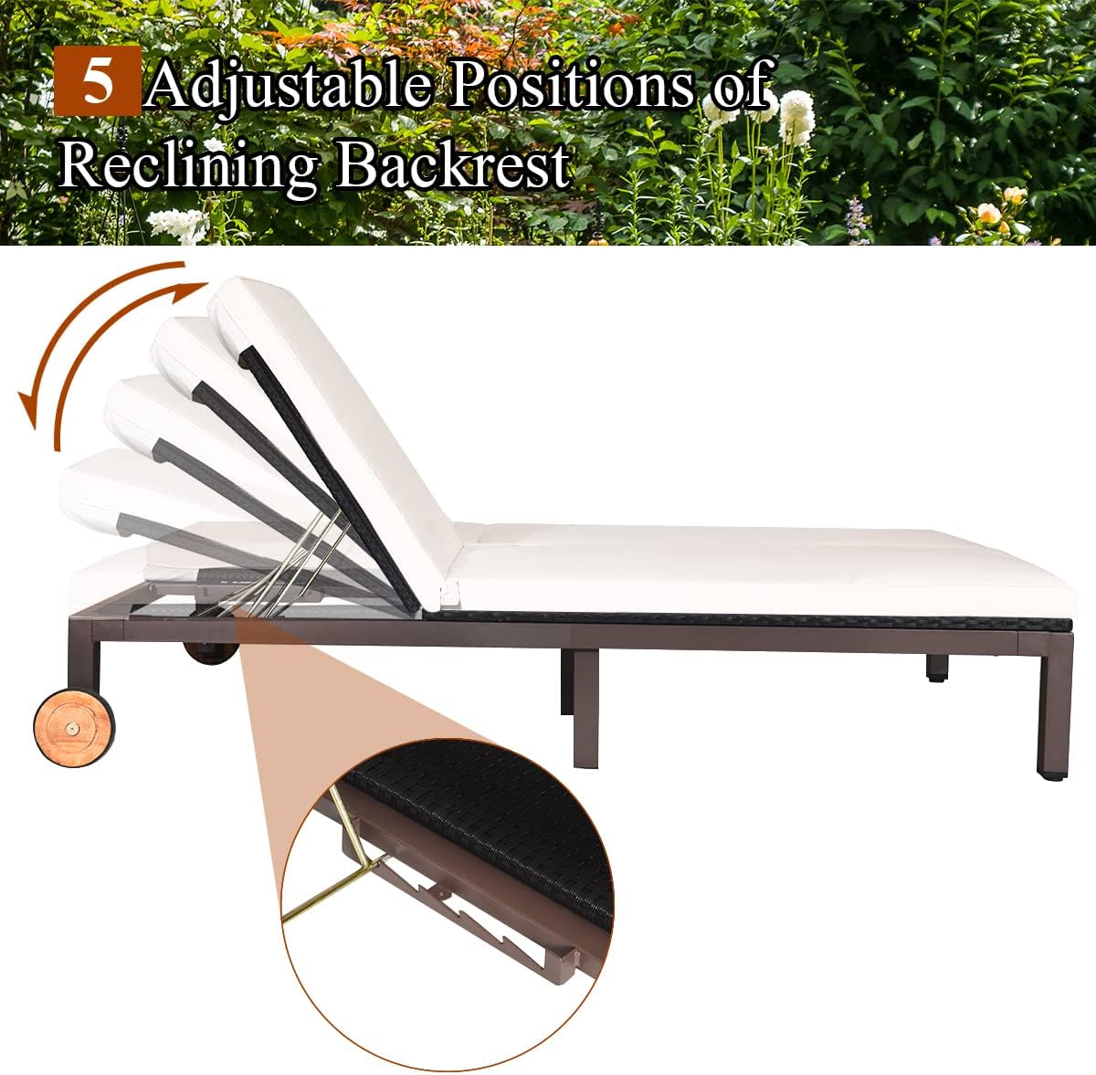 COSTWAY 2-Person Patio Rattan Lounge Chair Chaise Recliner Adjustable Cushioned W/Wheel