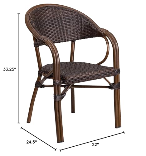 EMMA + OLIVER 3 Pack Cocoa Rattan Restaurant Patio Chair with Bamboo-Aluminum Frame