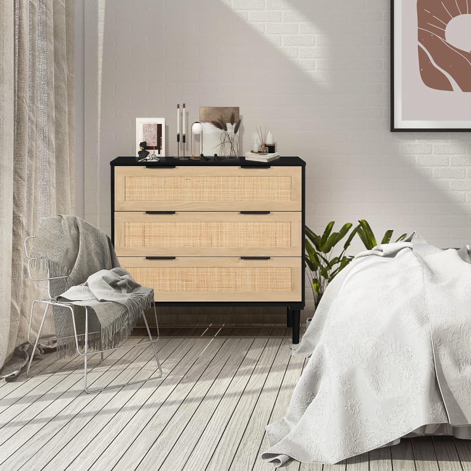 3 Drawer Dresser Rattan Wood Chest of Drawers Large Storage Cabinet with Double Metal Handles Accent Side for Bedroom, Living Room, Hallway Black and Natural, 30''L x 15.8''W x 31.5''H, XHCD1A