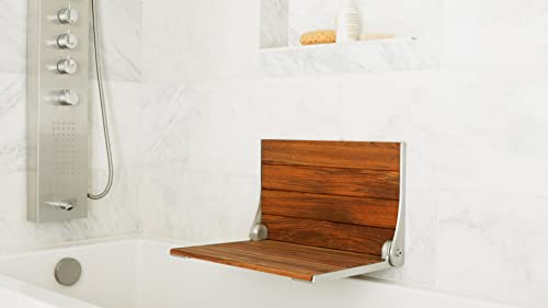 Seachrome Silhouette Natural Teak Wood Wall Mount Folding Shower Seat Bench with Matte Black Frame