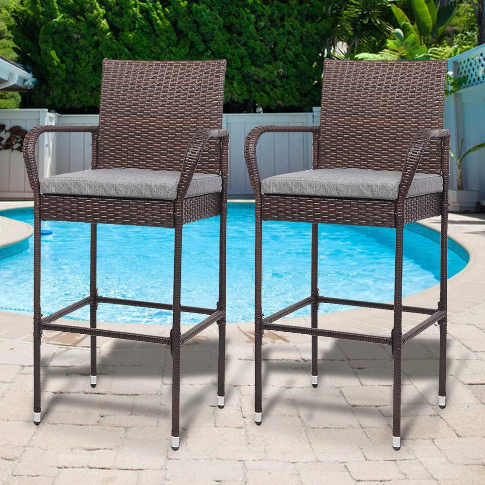 VINGLI Outdoor Bar Stools Set of 2 with Cushions Wicker Bar Stools, Patio Bar Chairs Bar Height Patio Set for Garden Pool Lawn Backyard