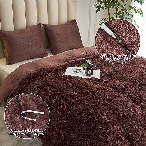 CHOSHOME Plush Shaggy Duvet Cover Queen Size, 3 PCS Fluffy Comforter Fuzzy Flannel Bedding Sets(1 Faux Fur Duvet Cover + 2 Pillowcases), Zipper Closure & 8 Corner Ties, Tie-Dye Light Grey
