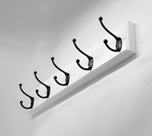 Wood Coat Rack Wall Mounted - 22 Inches, 5 Hooks, Heavy Duty, for Coat Hat Towel Purse Robes Mudroom (White Base & Black Hook)