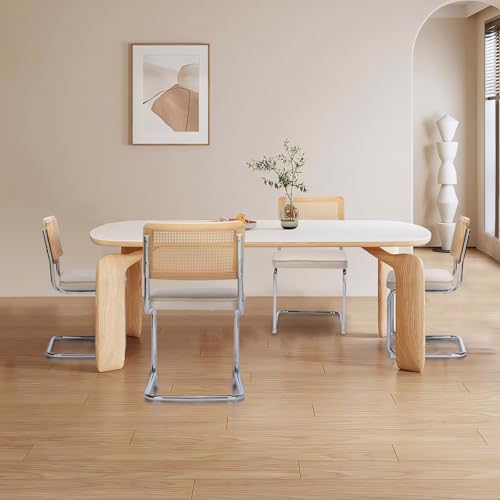 Rattan Back Velvet Dining Chair Set of 2 Modern Breuer Designed Stainless Chrome Base Armless Upholstered Dining Chair for Dining Room, Kitchen Island(Olive Green)