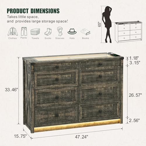 Farmhouse 8 Drawers Dresser for Bedroom, Tall Wood Chest of Drawers with LED Light/Charging Station/Human Sensor, Clothes Dressers for Closet, Living Room, Hallway, Rustic Brown