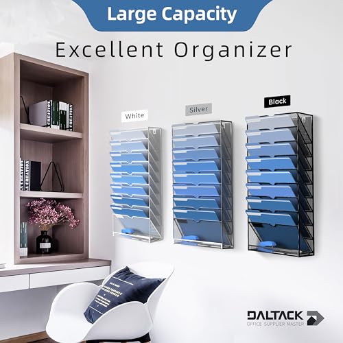 DALTACK Wall File Holder 10 Tier Hanging Wall File Organizer, for Papers Mails Folders Clipboard Magazine Organization, for Office Home, 2 Pack, Mesh Metal, Black