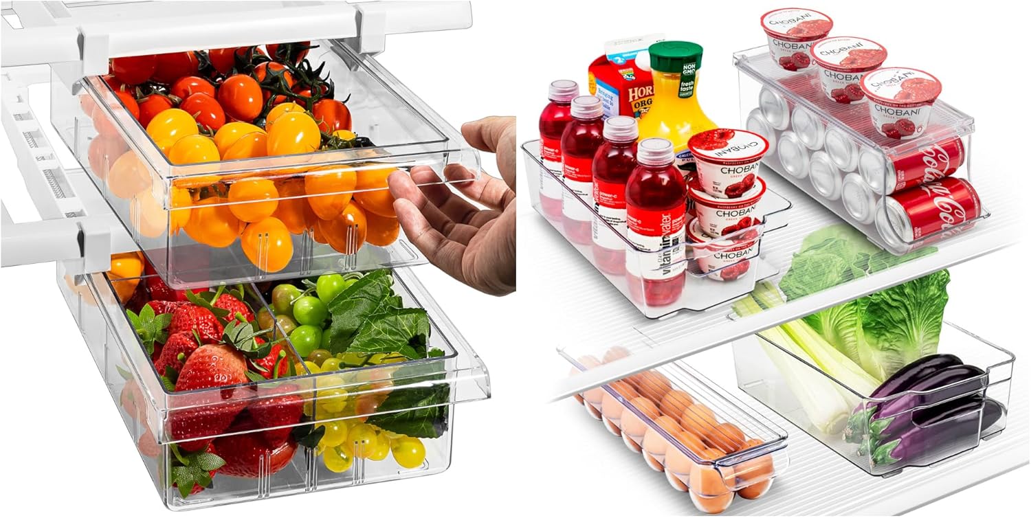 Sorbus Kitchen Organization Bundle - Includes 2 Pull Out Fridge Drawers & 4 Fridge Organizers in Varying Sizes