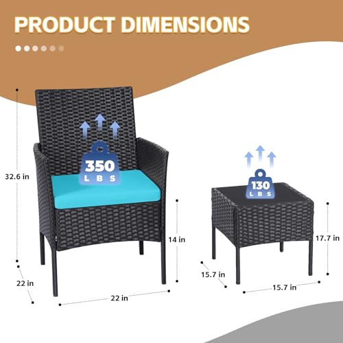 Patio Furniture Set 3 Pieces All-Weather Rattan Outdoor Furniture Patio Chairs with Tempered Glass Table for Porch Bistro Balcony Bistro Set(Black/Blue)