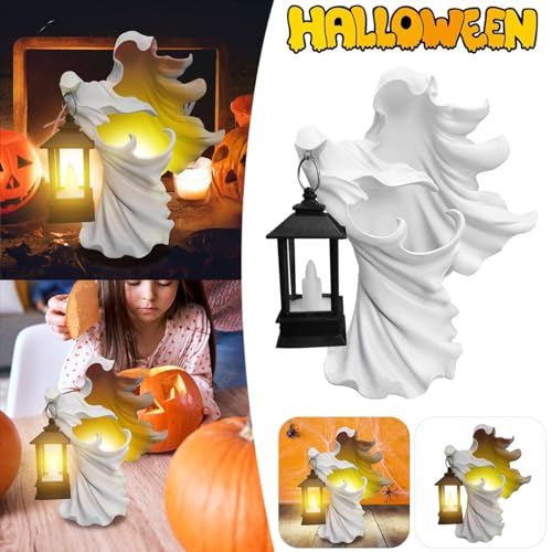 Ghost Statue Decoration Scary Hell Messenger with LED Lantern Resin Statue Cracker Barrel Ghost for Home Room Desk Garden Yard Outdoor Decor (Black)