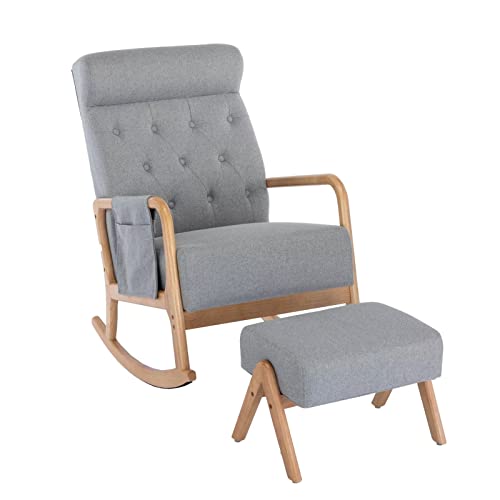 Accent Rocking Chair with Ottoman, Modern Fabric Upholstered Armchair with Thicken Padded Cushion and High Backrest, Glider Rocker with Side Pocket and Solid Wood Base, Beige