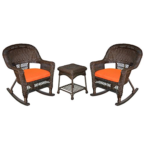 Jeco 3 Piece Rocker Wicker Chair Set With Orange Cushion, White