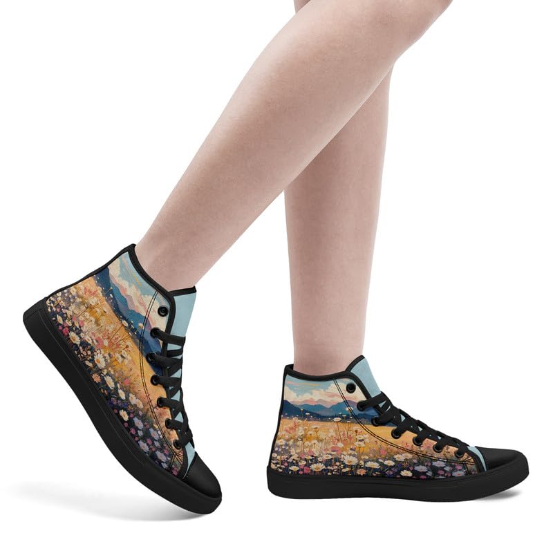 Flower Art High Top Canvas Sneakers Lace Up Classic Casual Walking Shoes Fashion Ladies Girls Flat Running Trainers