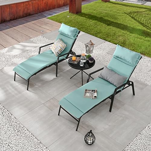 LOKATSE HOME 3 Pieces Outdoor Patio Chaise Lounges Chairs Set Adjustable with Folding Table, Light Blue Cushions