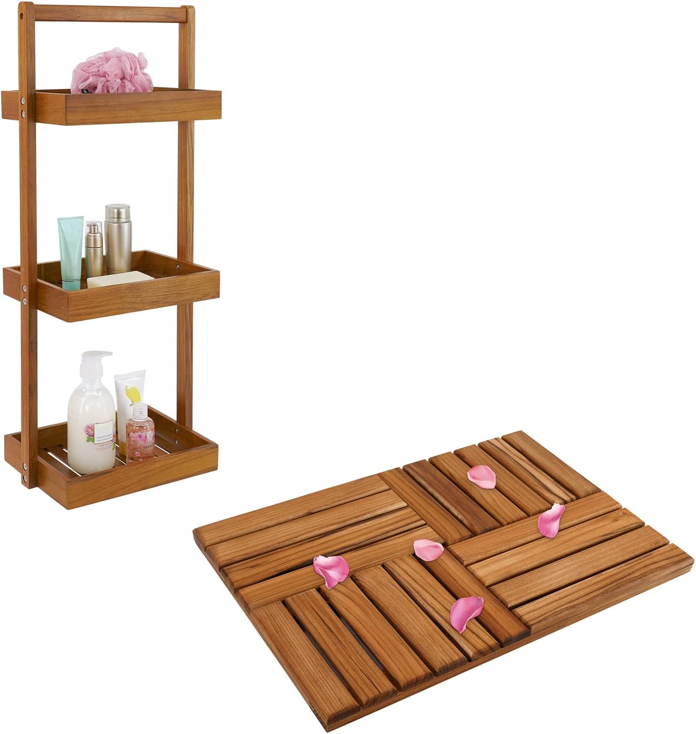 Utoplike Teak Wood Shower Caddy Corner 3 Tier Standing Shower Organizer and 24 x 16 inch Teak Wood Bath Mat