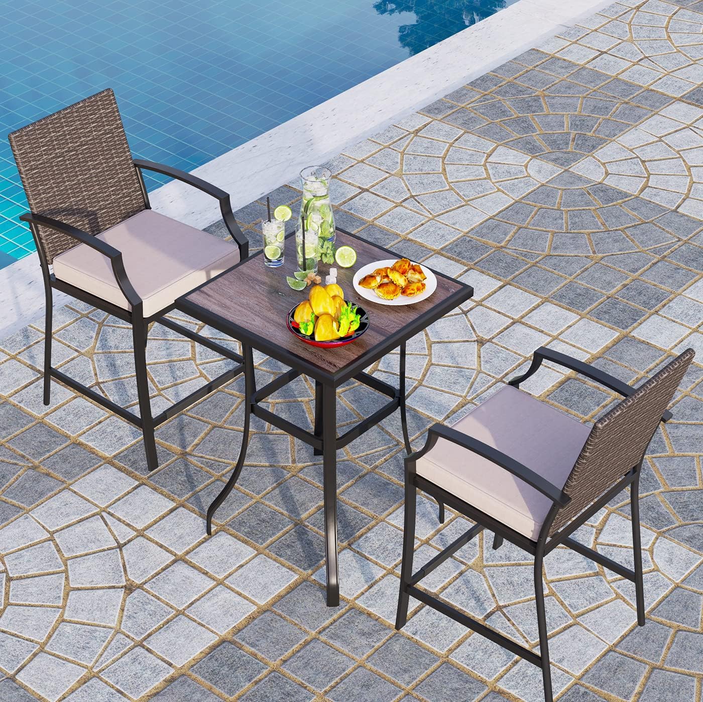 PHI VILLA 3 pcs Outdoor Patio Bar Bistro Sets, Wicker Back Bar Height Chair Stools with 3.5