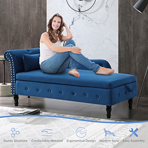 Velvet Chaise Lounge Indoor Chair with Pillow, Button Tufted Right Arm Facing Lounge Chair with Nailhead Trim and Turned Legs, Modern Sleeper Sofa Couch for Living Room Bedroom Office (Beige)