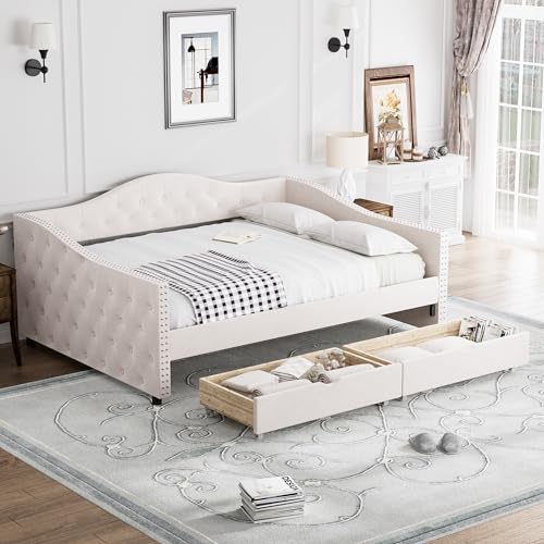 OUYESSIR Daybed with 2 Storage Drawers, Upholstered Full Size Day Bed Frame in Linen Fabric and Full Wood Slats, No Box Spring Needed, Grey