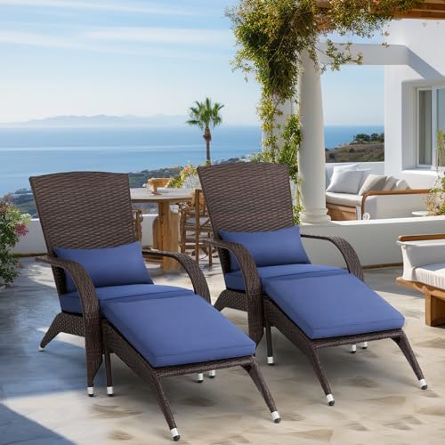 Outdoor Patio Wicker Adirondack Chair with Ottoman Set of 2 Rattan Fire Pit Chairs Oversized Comfy Relax Patio Chair with Soft Cushion Low Deep Seating Tall Curved Backrest for Outside Deck Porch Navy