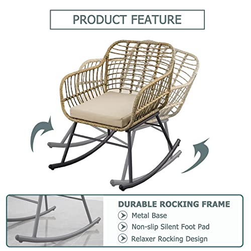 3 PCS Wicker Balcony Bistro Set, 360° Swivel Rocker Patio Chairs Set with Soft Cushions, Tempered Glass Top Table, Patio All-Weather Wicker Furniture Set - Swivel