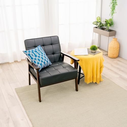 Panana Accent Leisure Mid-Century Modern Arm Chair, Solid Wood Frame, Cushioned, Black Leather-Like or Grey Linen Fabric, Single or 2-Seater Loveseat (Black Leather-Like, Lines - Single Armchair)
